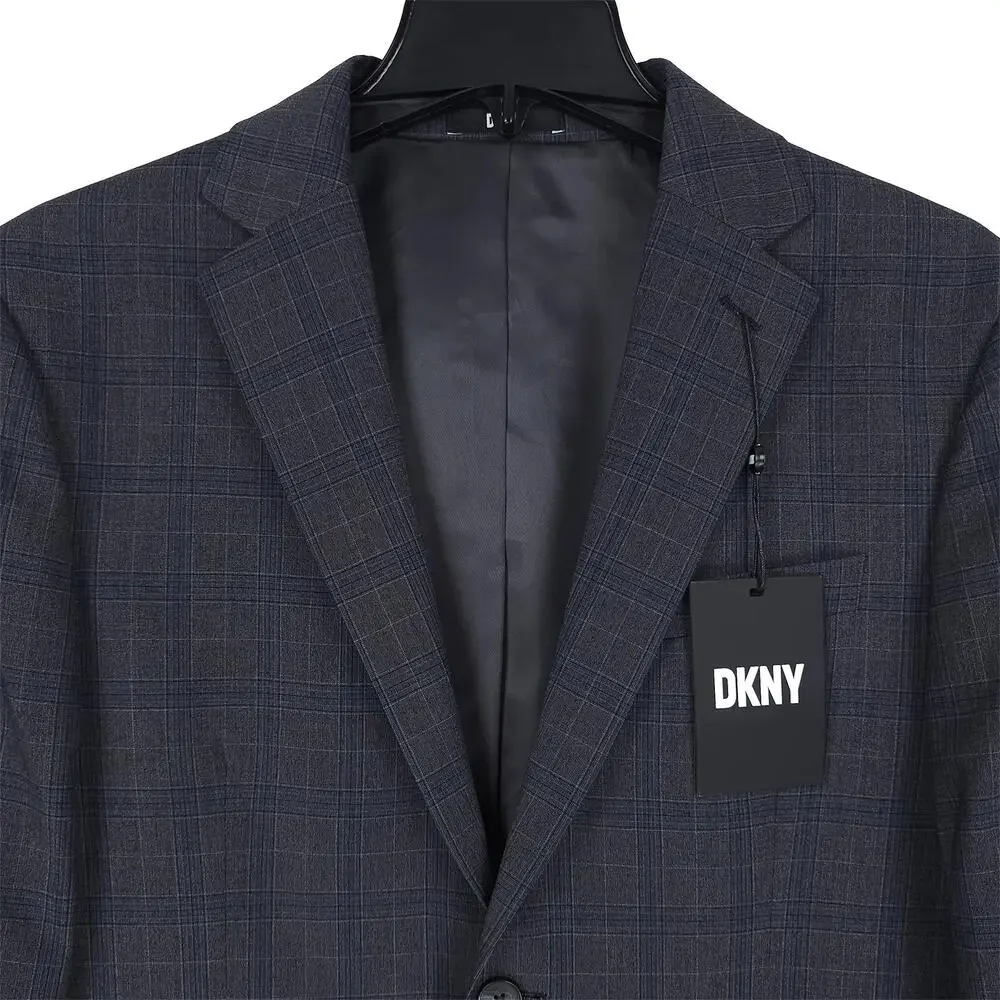 DKNY Mens Modern Fit Suit Jacket Blazer 40R Dark Grey Blue Plaid Stretch NWT